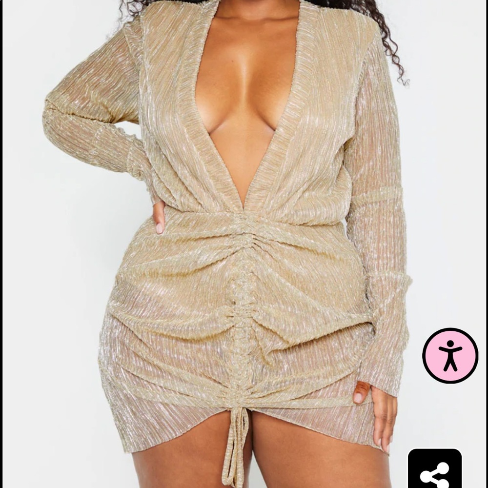 Plus Gold Plisse Ruched Detail Bodycon Dress
